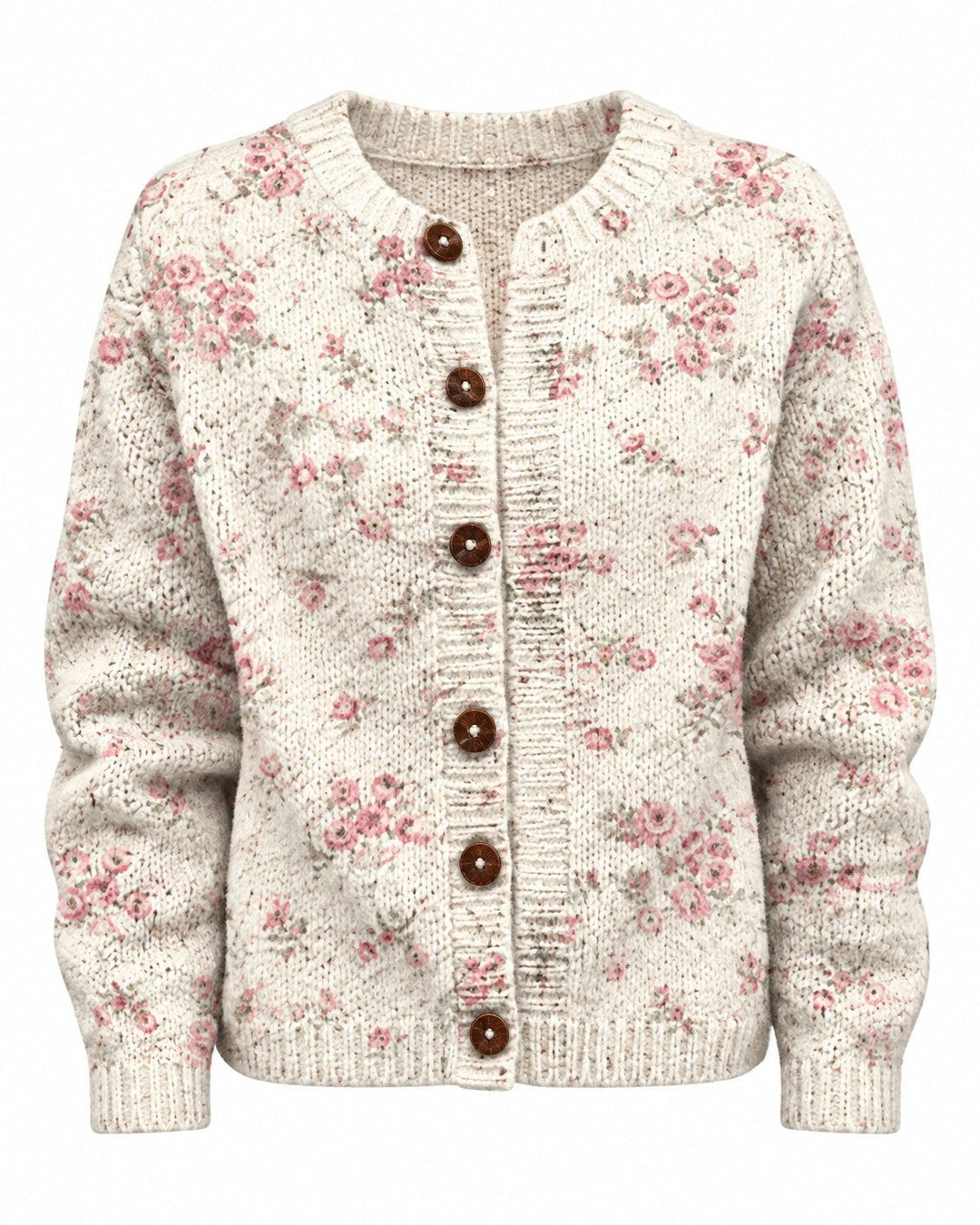 Luna Moda cream knit cardigan with pink rose floral print, long sleeves, and dark tortoise shell buttons.