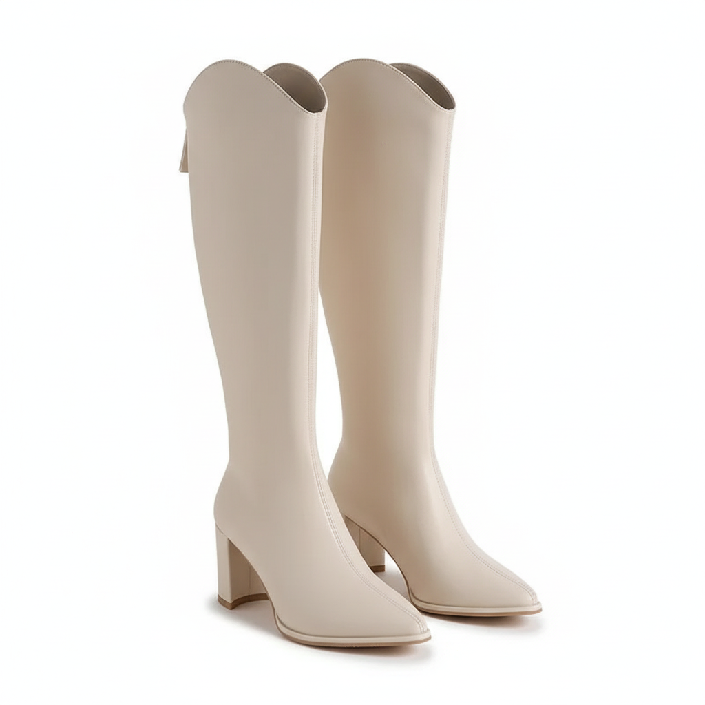 Luna Moda Diletta knee-high boots in cream with a thick block heel and pointed toe design