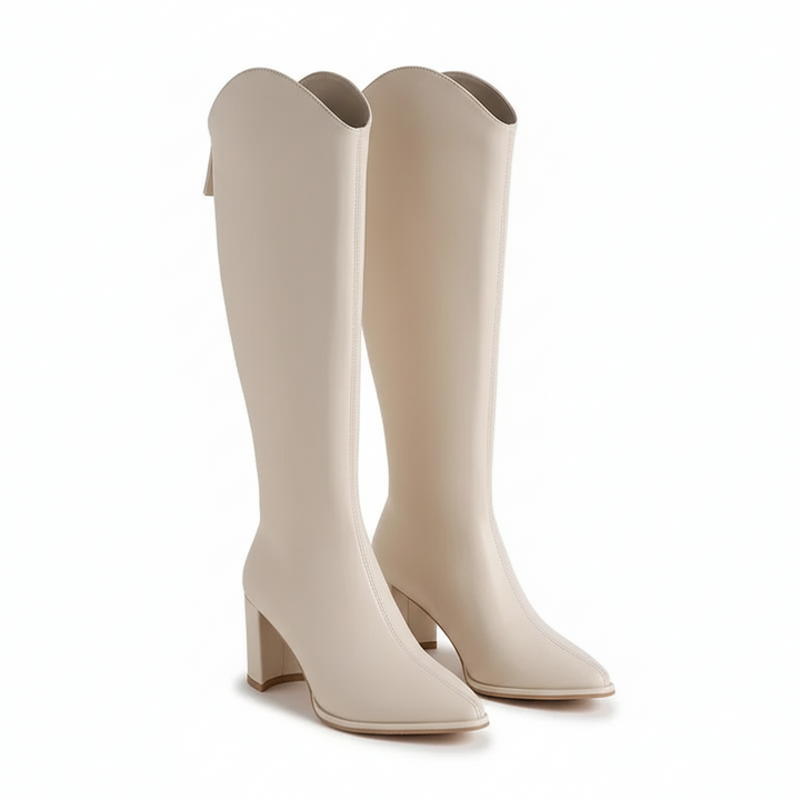 Luna Moda Diletta knee-high boots in cream with a thick block heel and pointed toe design
