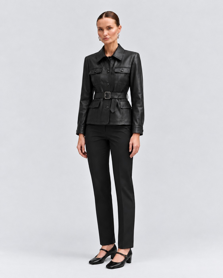 Luna Moda Cristiana black PU leather jacket with adjustable belt, button-down front, and large pockets on a model.