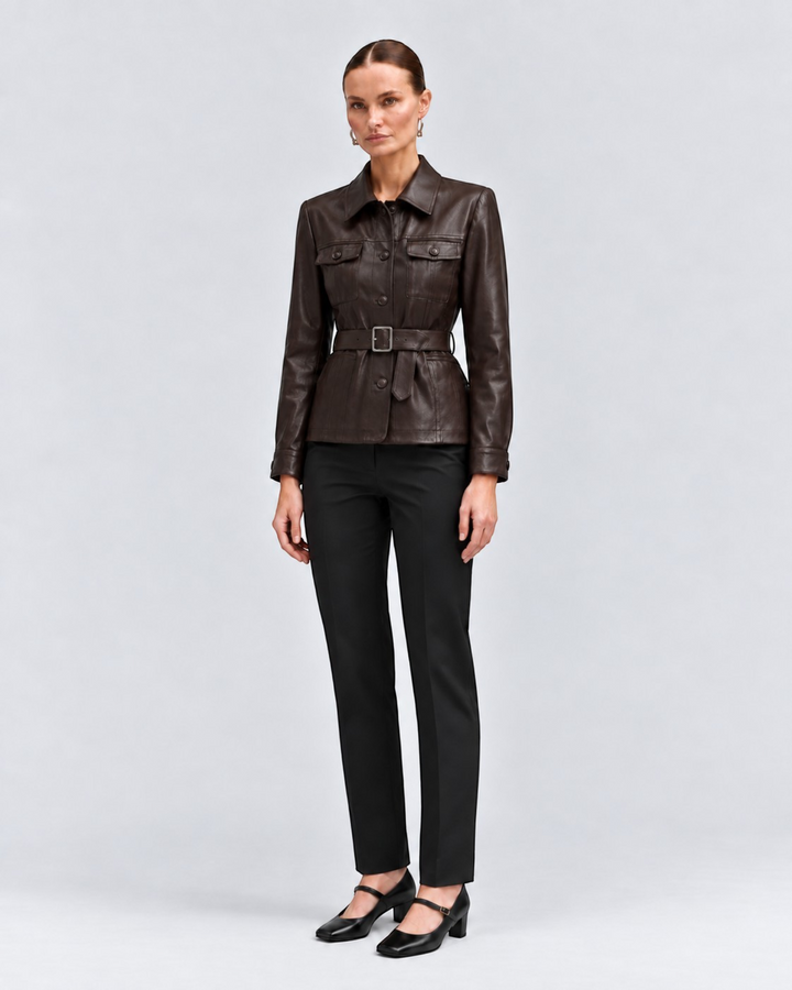 Luna Moda Cristiana dark brown PU leather jacket with adjustable waist belt, front pockets, and classic collar.