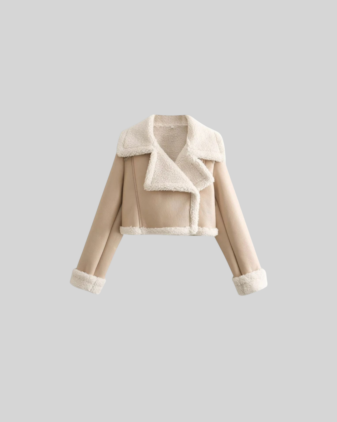 Luna Moda beige cropped jacket with soft white fleece lining and collar for a stylish winter look.
