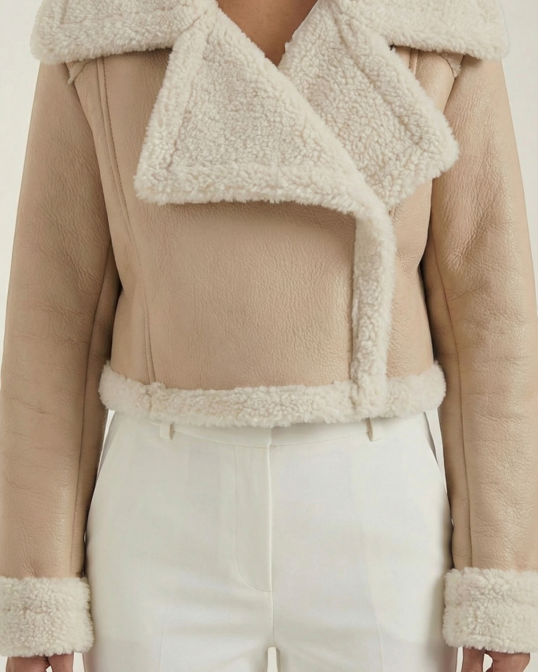 Luna Moda cropped beige faux shearling jacket with a wide collar and soft fleece lining for a stylish winter look