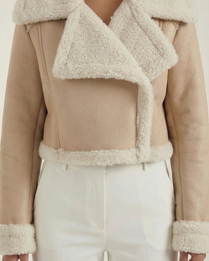 Luna Moda cropped beige faux shearling jacket with a wide collar and soft fleece lining for a stylish winter look
