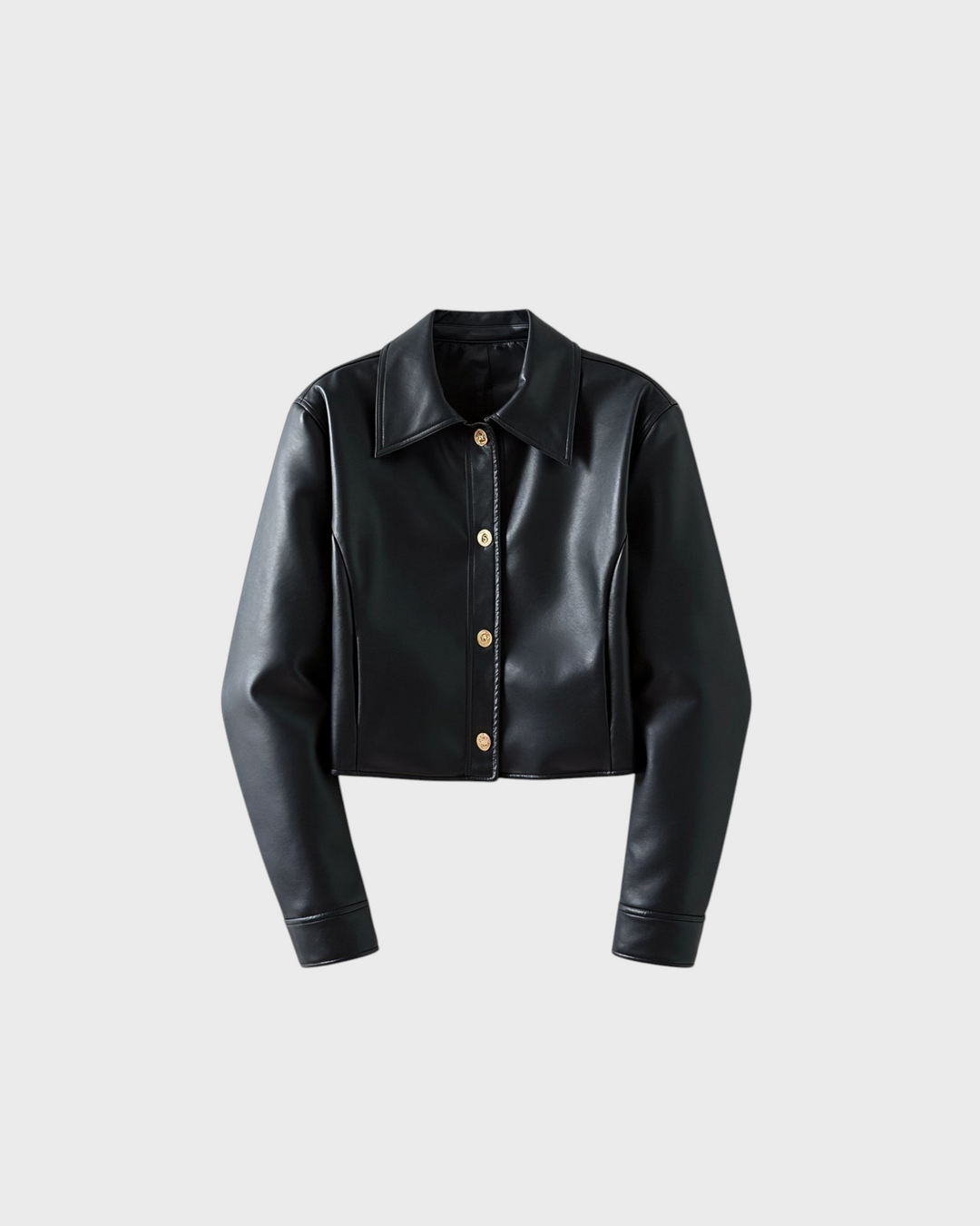 Luna Moda Elettra black faux leather cropped jacket with a classic collar and gold snap button closure.