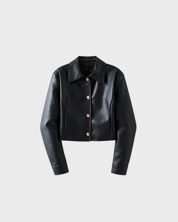 Luna Moda Elettra black faux leather cropped jacket with a classic collar and gold snap button closure.