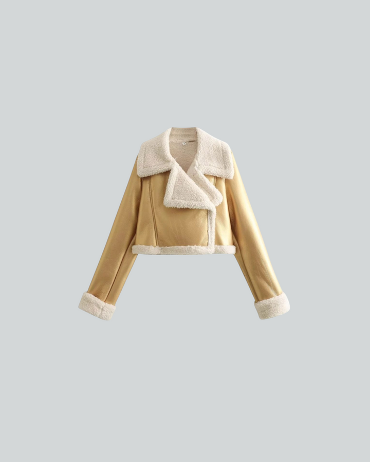 Luna Moda gold cropped jacket with white faux shearling collar and cuffs, featuring a soft fleece lining.