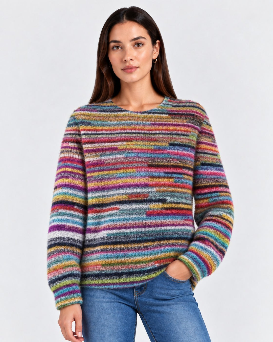 Luna Moda Daniela retro striped sweater featuring a multi-colored knit pattern and a comfortable crew neck fit.