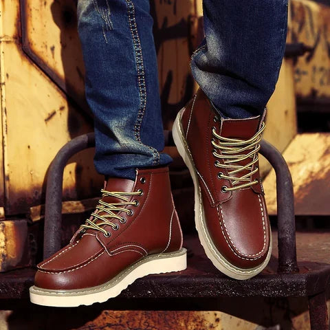 Luna Moda Daniele retro style brown leather lace-up boots with white soles worn with blue jeans