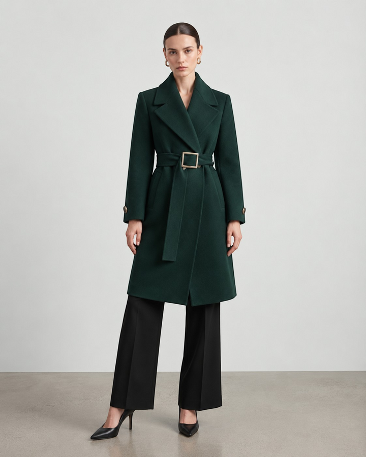 Luna Moda dark green wool-blend long coat with a belted waist and gold buckle, worn by a model with black trousers.
