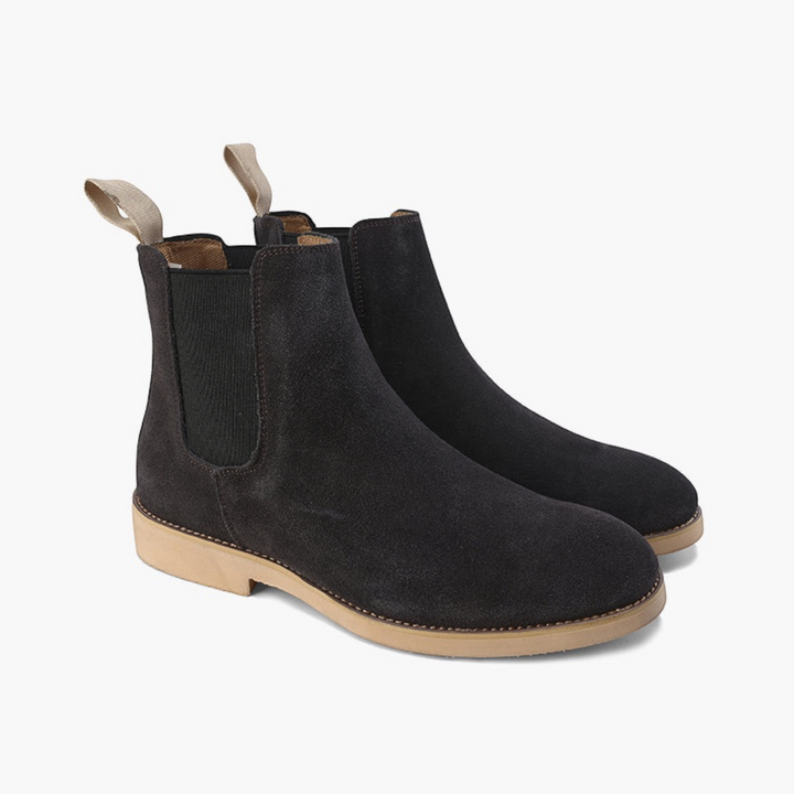 Luna Moda Nicholas dark grey suede slip-on Chelsea boots with a tan leather sole and elastic side panels