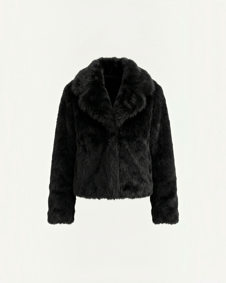 Luna Moda Debora black faux fur cropped jacket with a wide collar and soft, plush texture for a chic winter look.