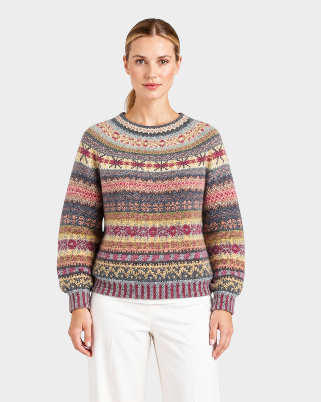 Luna Moda Debora crewneck sweater featuring a colorful Icelandic-inspired fair isle pattern in soft wool blend