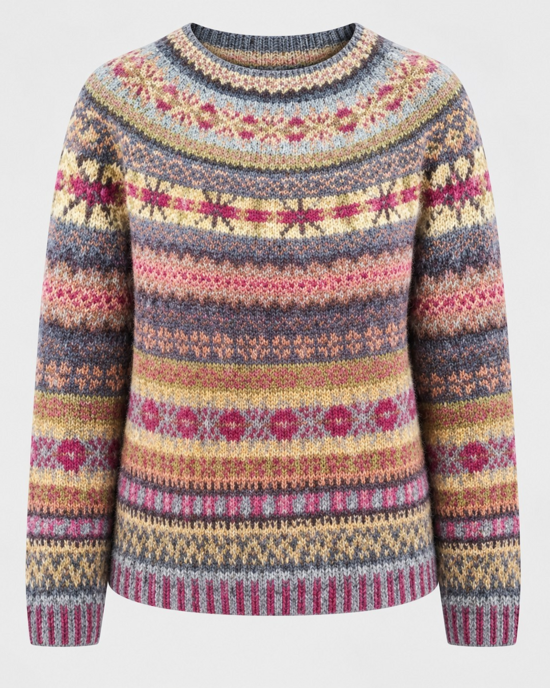 Luna Moda Debora crew neck sweater featuring a colorful Icelandic-inspired fair isle pattern in soft wool knit.