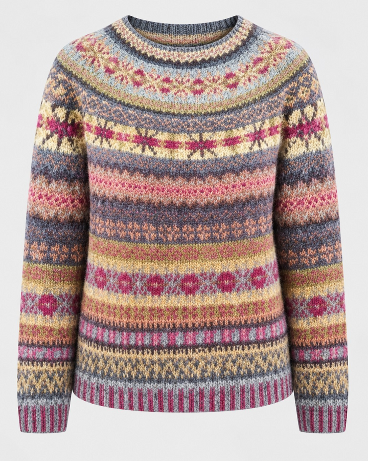 Luna Moda Debora crew neck sweater featuring a colorful Icelandic-inspired fair isle pattern in soft wool knit.