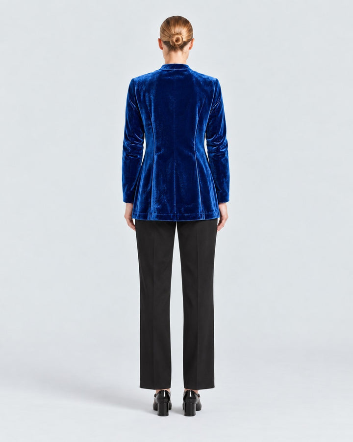 Luna Moda Donatella velvet blazer in royal blue, back view, worn with black trousers on a model.