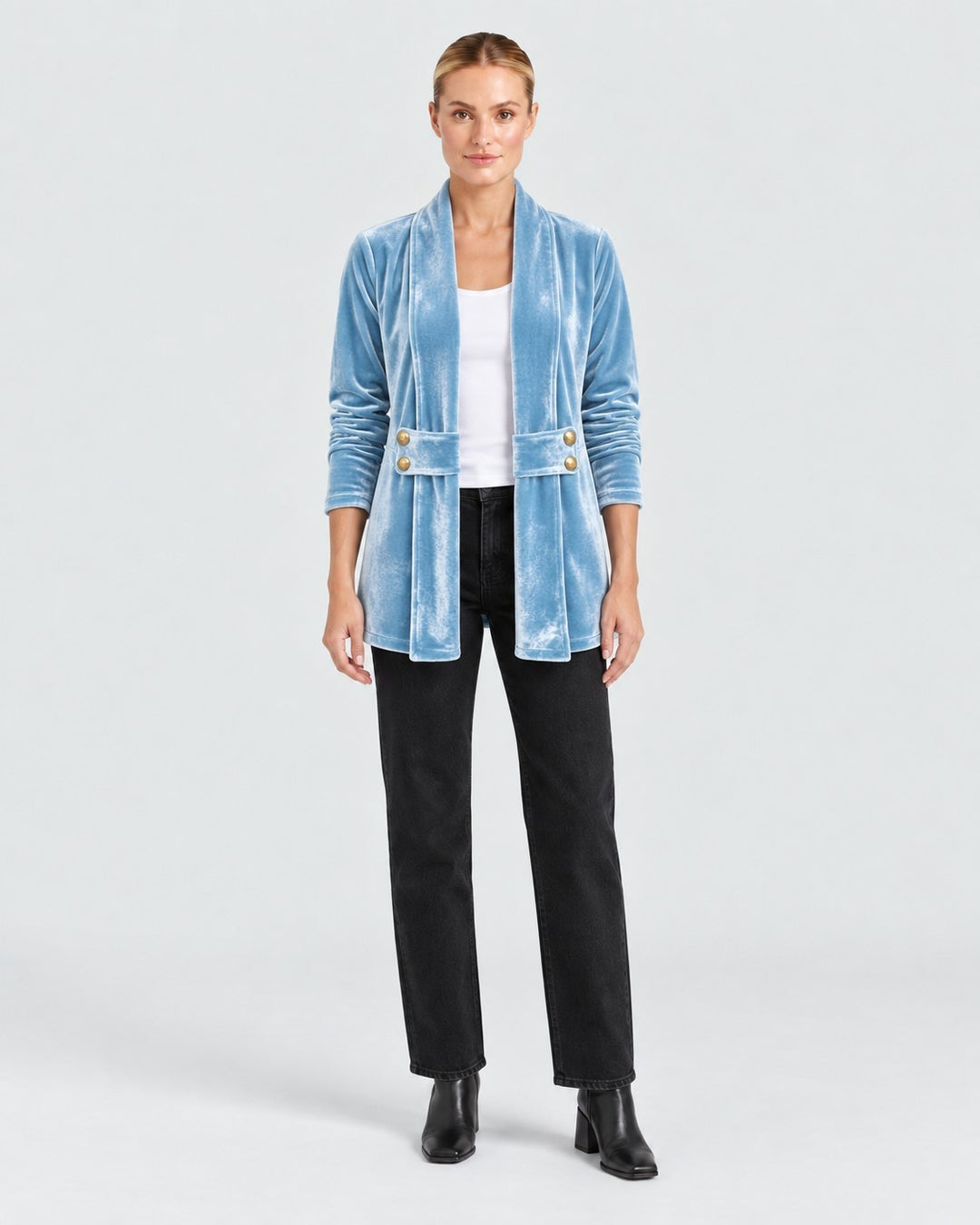 Luna Moda Donatella light blue velvet blazer with open front, long sleeves, and gold button details on a model.