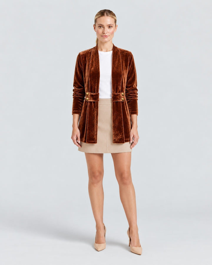 Luna Moda Donatella brown velvet blazer with open front and gold button details worn by a model over a white top