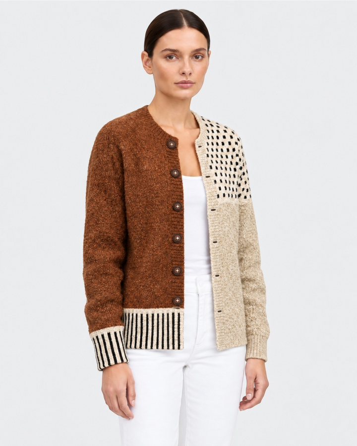 Luna Moda Donatella patchwork cardigan in caramel and cream with button front, ribbed cuffs, and polka dot details.