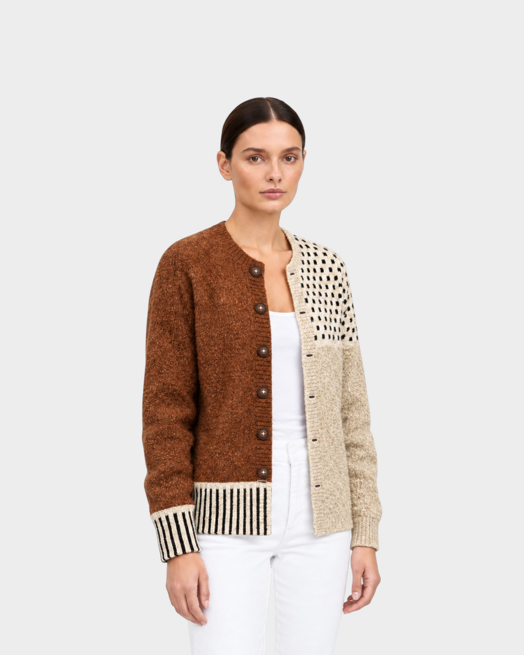 Donatella – Cardigan patchwork con bottoni in crema | Luna Moda