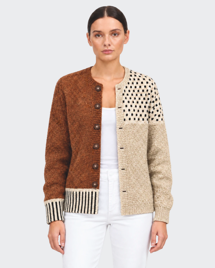 Luna Moda Donatella cardigan featuring a brown and cream patchwork knit design with polka dots, stripes, and buttons.
