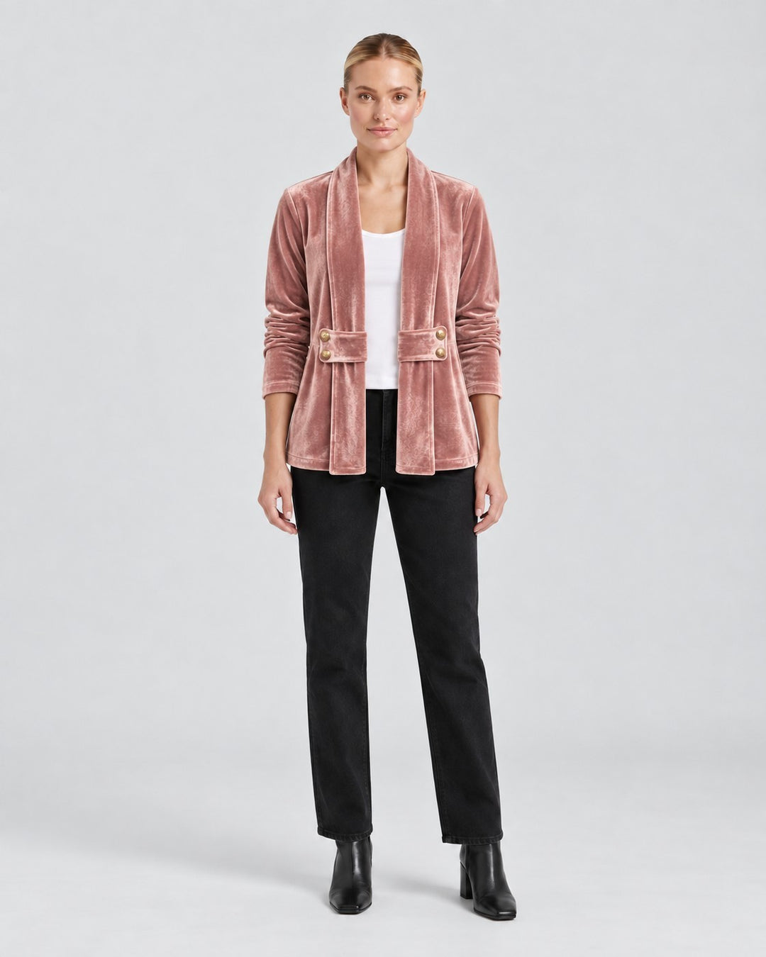 Luna Moda Donatella velvet blazer in dusty pink with open front, long sleeves, and decorative gold button details.