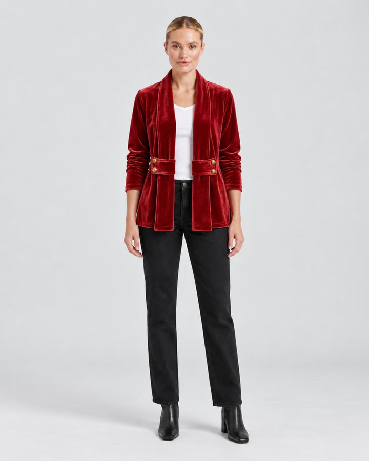 Luna Moda Donatella velvet blazer in deep red with open front, gold buttons, and long sleeves on a female model