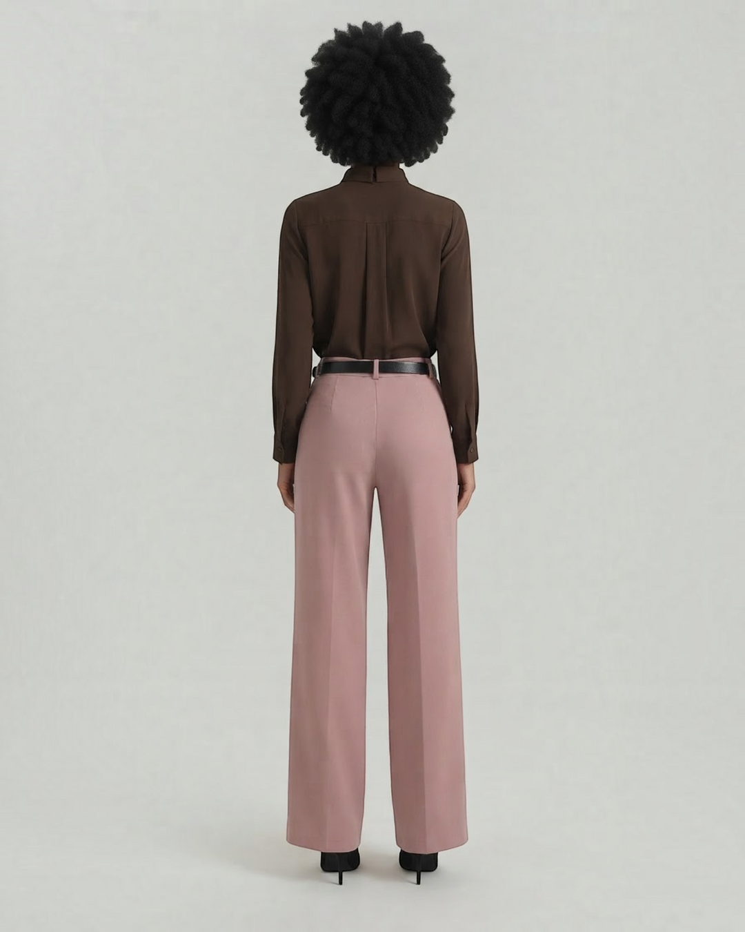 Luna Moda palazzo trousers in dusty pink with a matching belt, worn by a model from the back view.