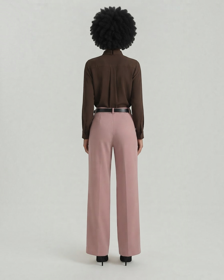 Luna Moda palazzo trousers in dusty pink with a matching belt, worn by a model from the back view.