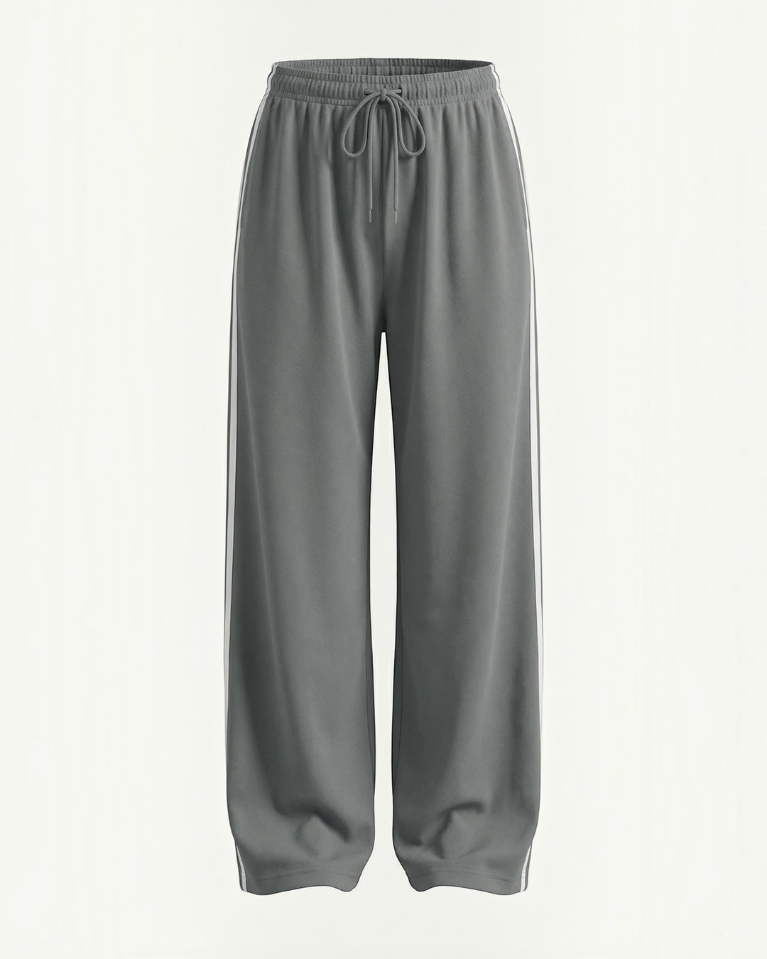 Luna Moda grey wide-leg athletic pants with white side stripes and an adjustable drawstring waist for a relaxed fit.