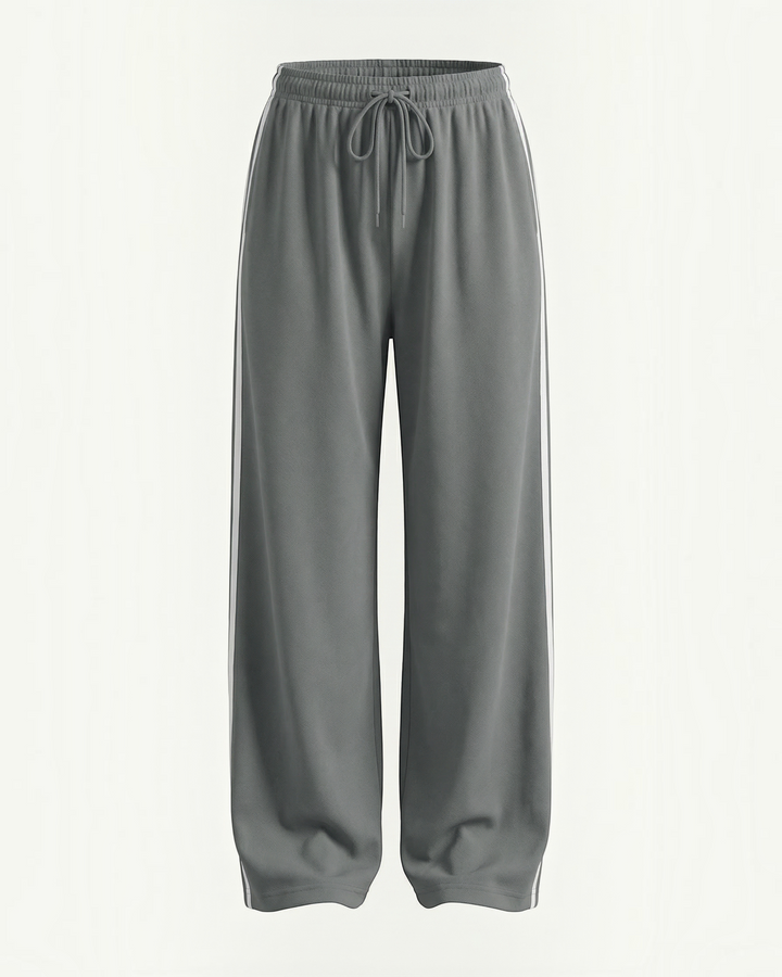 Luna Moda grey wide-leg athletic pants with white side stripes and an adjustable drawstring waist for a relaxed fit.