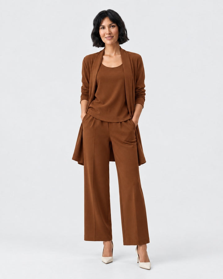 Luna Moda Elisabetta three-piece set in brown featuring a sleeveless top, open cardigan, and wide-leg trousers.