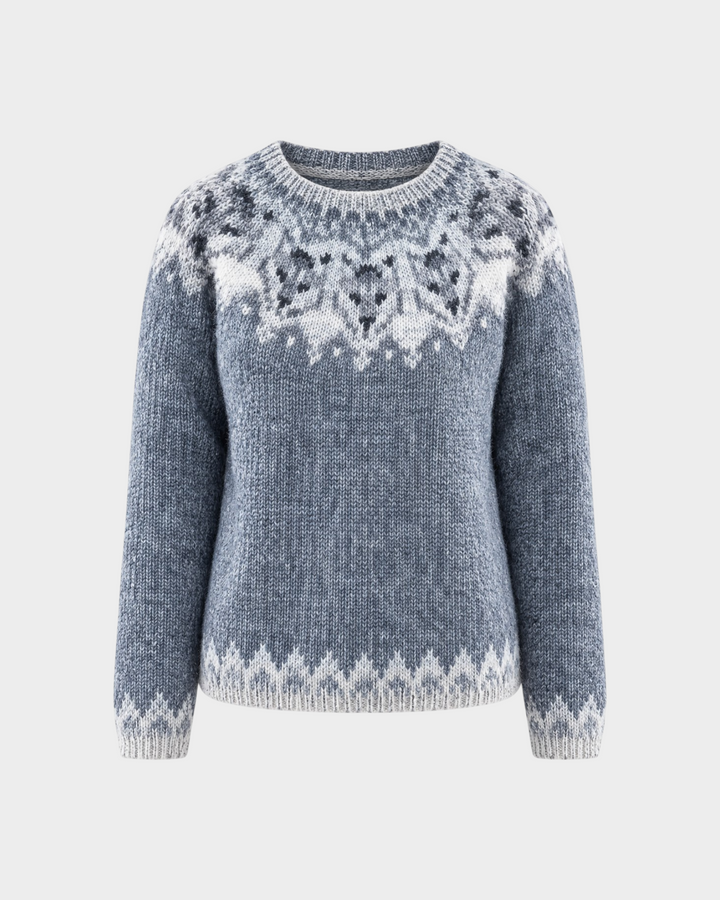 Luna Moda Elisabetta handmade Icelandic sweater in grey and white with a traditional sheep pattern and crew neck