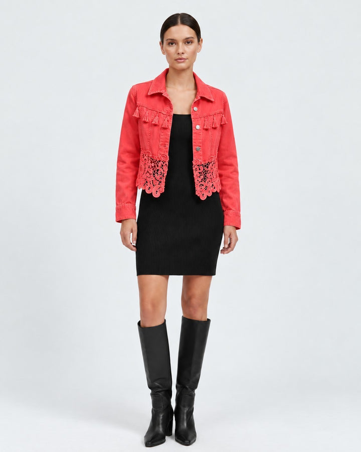 Luna Moda Elisabetta red denim-style jacket with fringe chest detail and lace hem worn by a model