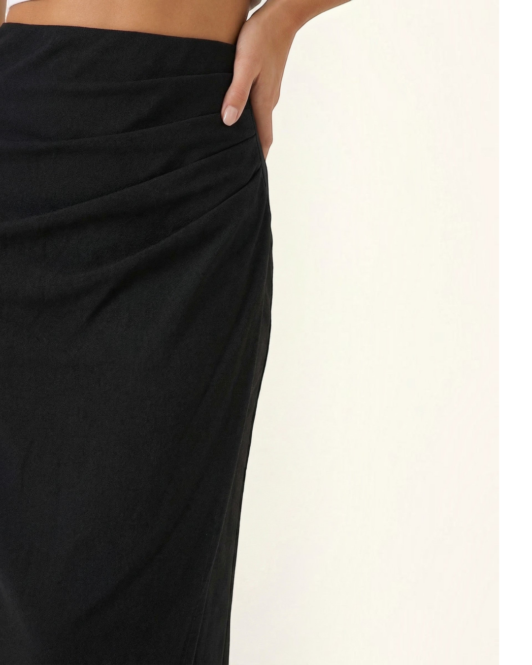 Luna Moda black midi skirt in soft stretch cotton with elegant side ruching detail for a flattering silhouette