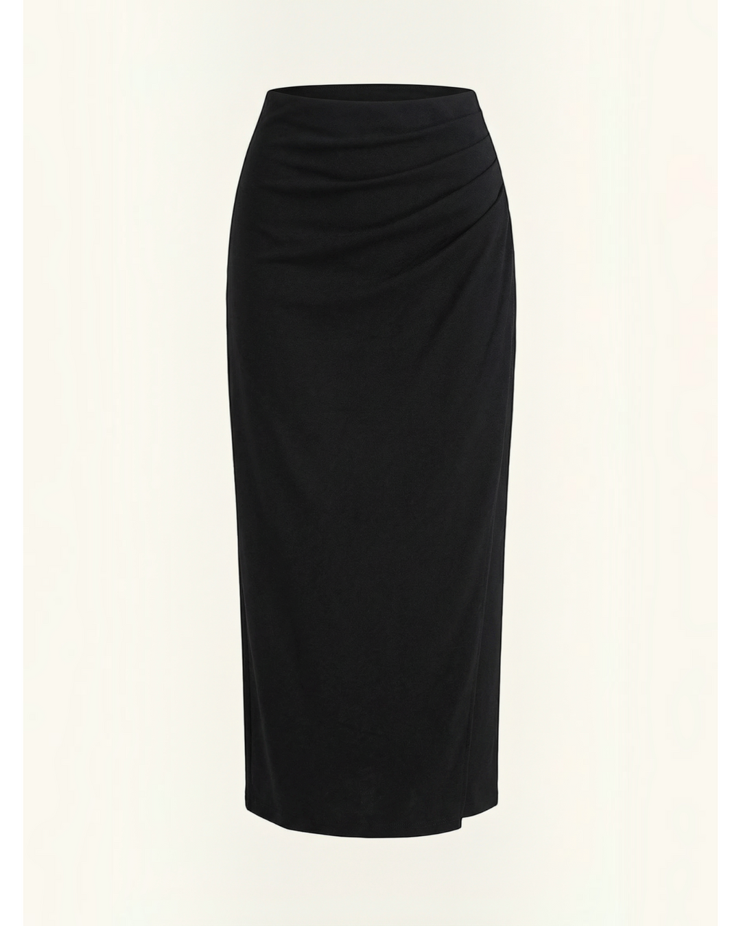 Luna Moda black midi skirt in soft stretch cotton featuring elegant side ruching for a flattering silhouette.