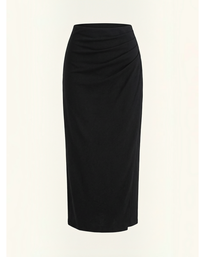 Luna Moda black midi skirt in soft stretch cotton featuring elegant side ruching for a flattering silhouette.