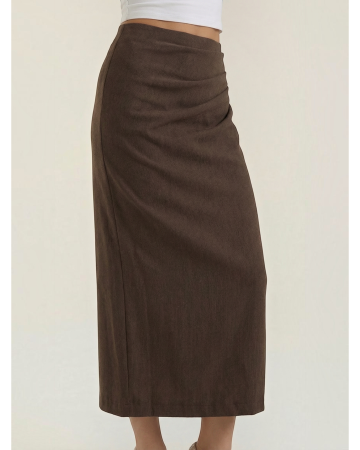 Luna Moda brown midi skirt in soft stretch cotton featuring elegant side ruching for a flattering silhouette.