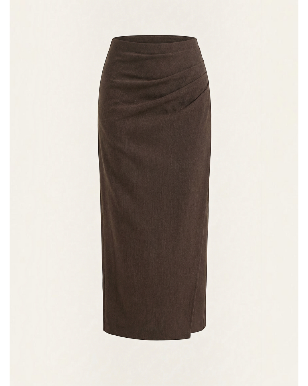 Luna Moda brown midi skirt in soft stretch cotton with elegant side ruching detail for a flattering silhouette.
