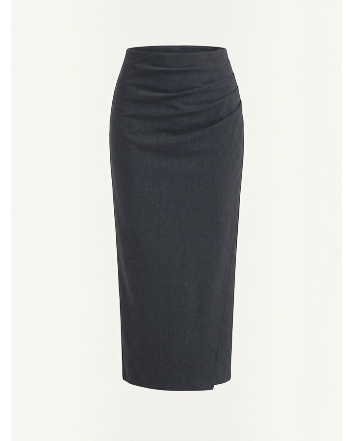 Luna Moda charcoal grey midi skirt in soft stretch cotton with elegant side ruching detail for a flattering fit.