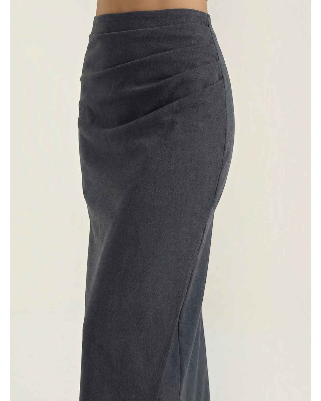 Luna Moda charcoal grey midi skirt in soft stretch cotton with elegant side ruching detail for a flattering fit.