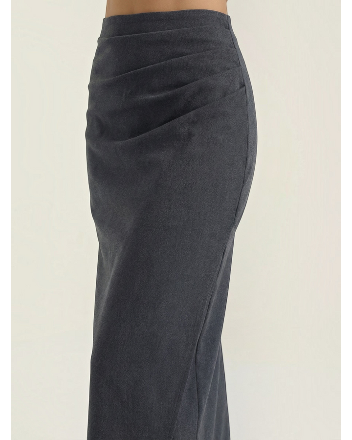 Luna Moda charcoal grey midi skirt in soft stretch cotton with elegant side ruching detail for a flattering fit.