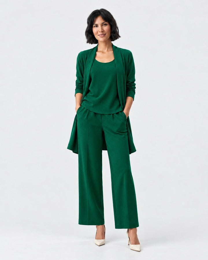 Luna Moda three-piece set in emerald green featuring a sleeveless top, matching cardigan, and wide-leg trousers.