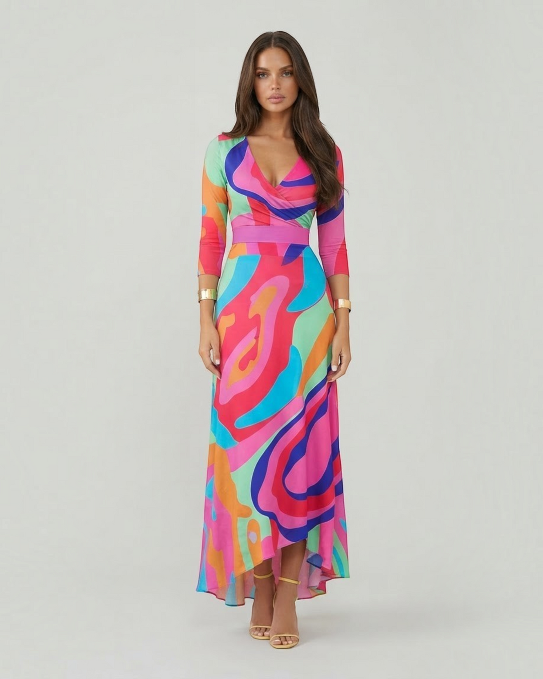 Luna Moda Emilia maxi dress with a vibrant multi-colored abstract floral print, V-neck, and high-low hemline.