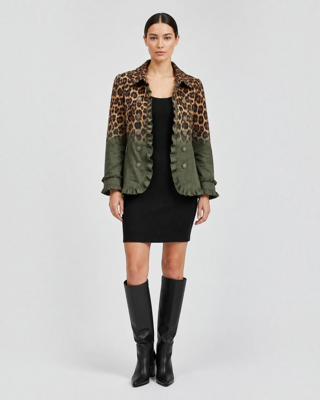 Luna Moda Emma blazer featuring a leopard print ombre design in brown and turquoise with ruffled trim and double buttons.