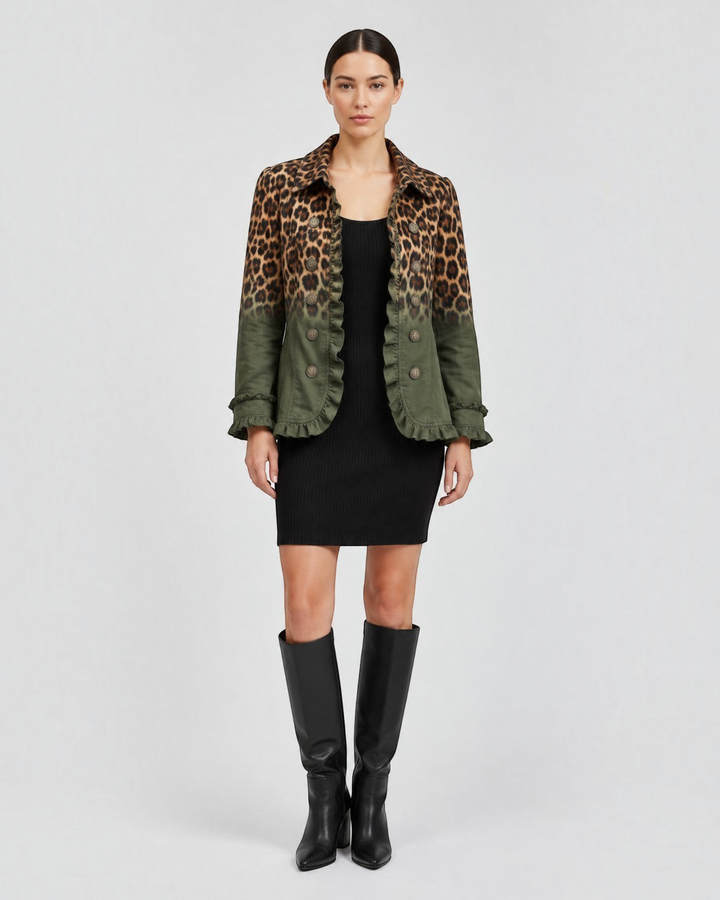 Luna Moda Emma blazer featuring a leopard print ombre design in brown and turquoise with ruffled trim and double buttons.