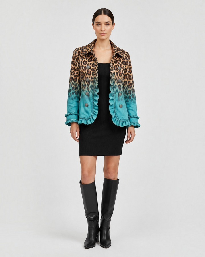 Luna Moda Emma blazer with leopard ombre print in brown and turquoise, featuring ruffles and double-button closure.