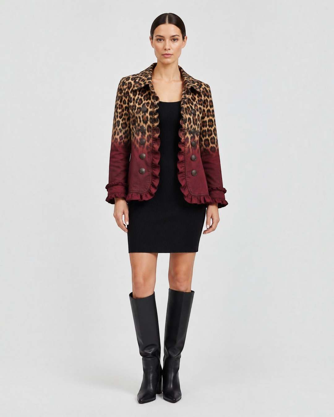 Luna Moda Emma blazer featuring a leopard ombre print in brown and burgundy with ruffle details and double buttons.