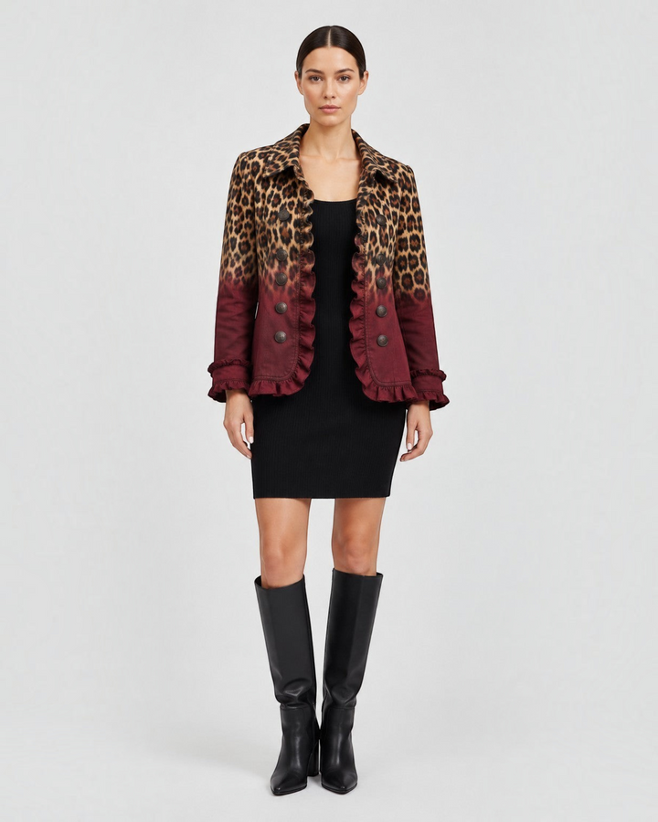 Luna Moda Emma blazer featuring a leopard ombre print in brown and burgundy with ruffle details and double buttons.