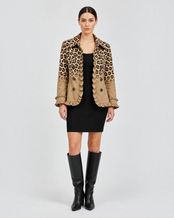 Luna Moda Emma blazer featuring a leopard ombre print, ruffled trim, pointed collar, and double-button closure.